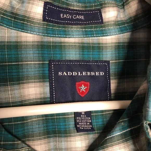 Easy care Saddlebred green/ white plaid button down size MEDIUM cotton/polyester - Picture 3 of 7